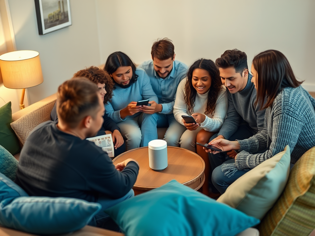 A group of friends sitting together, focused on their smartphones, with a speaker on a coffee table.