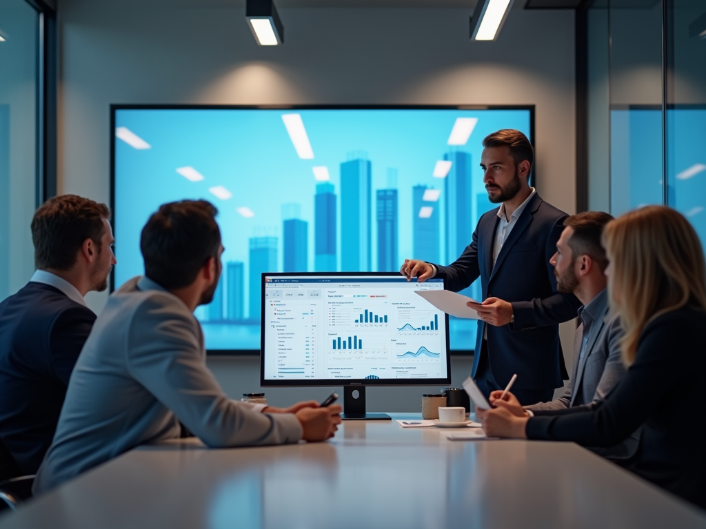 Businessman presenting financial data to colleagues in a modern office with screens displaying graphs.