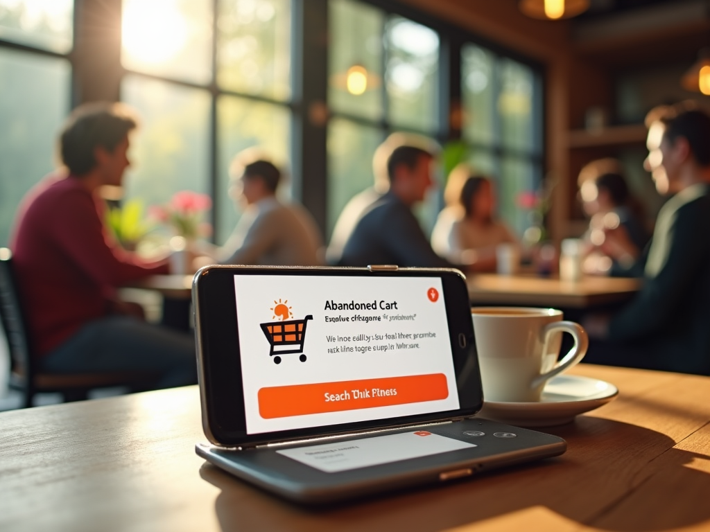 Smartphone displaying an abandoned cart reminder on screen in a busy café setting.