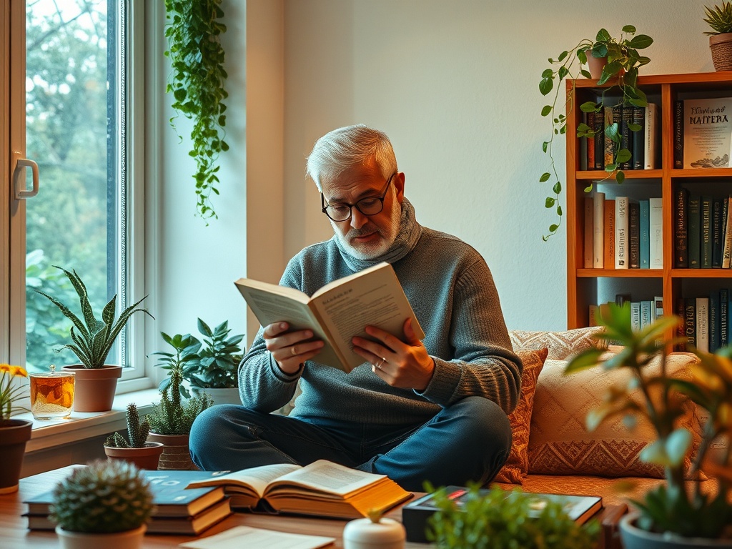 A senior man reading a book while sitting on a cozy floor surrounded by plants and a stacked bookshelf.