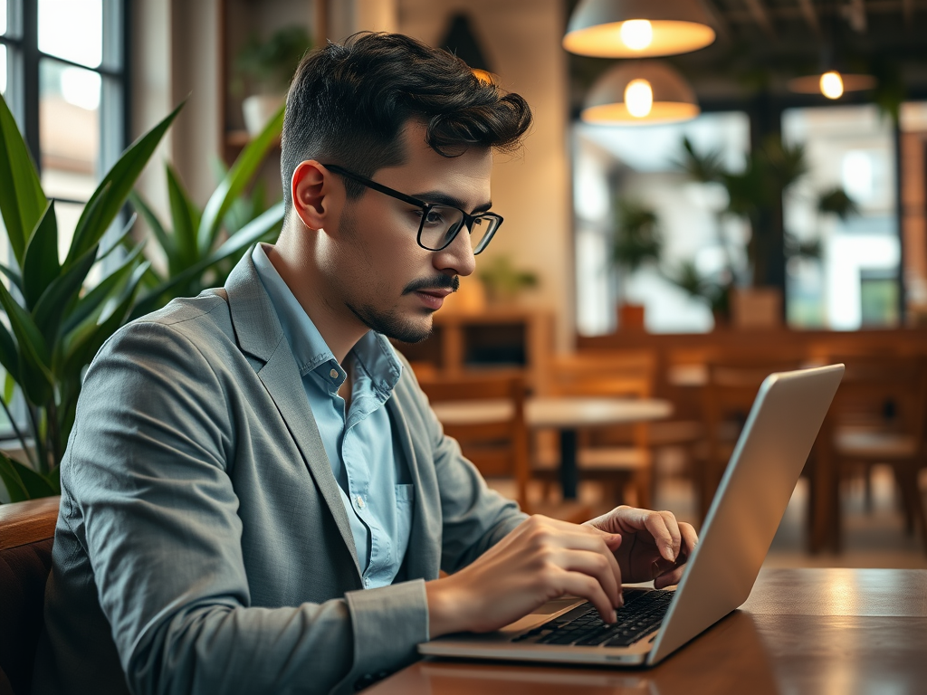 A young man in a suit works intently on a laptop in a cozy café filled with plants and warm lighting.
