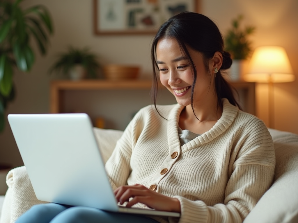 Smiling woman using laptop on couch in cozy room with warm lighting.