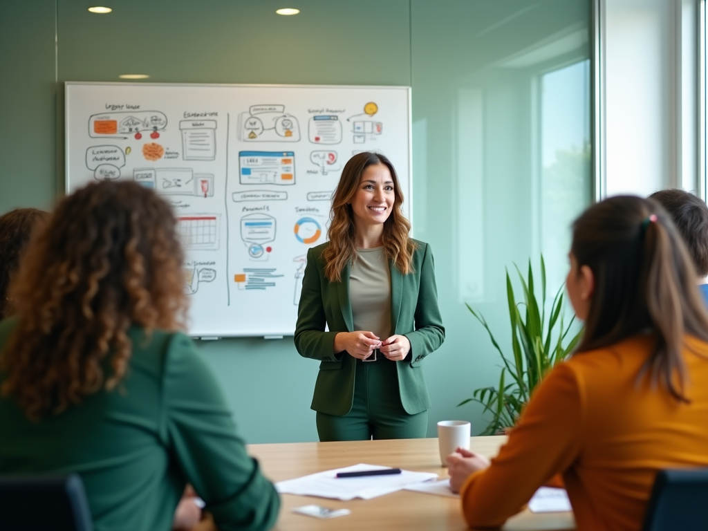 Smiling woman in a green blazer leading a presentation in a boardroom; diverse audience in foreground.