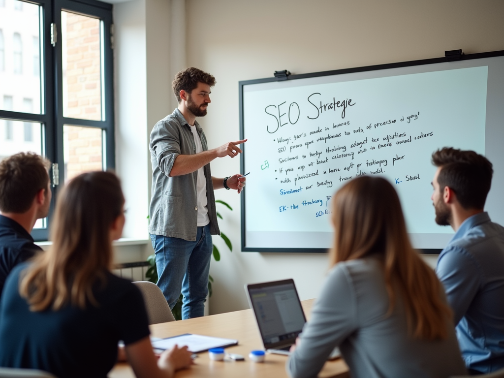 A man presents an SEO strategy to a group in a bright meeting room with a whiteboard and laptops.