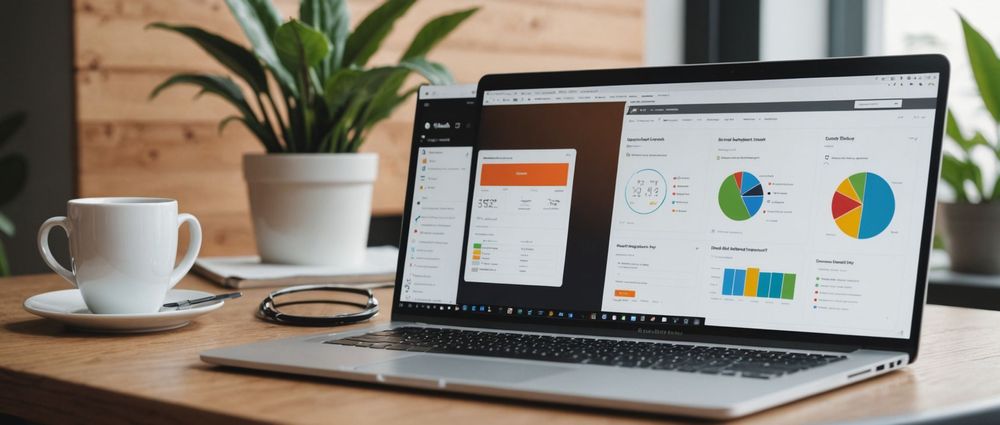 Ноутбук с открытыми графиками и аналитикой на экране, рядом чашка кофе и зеленое растение.